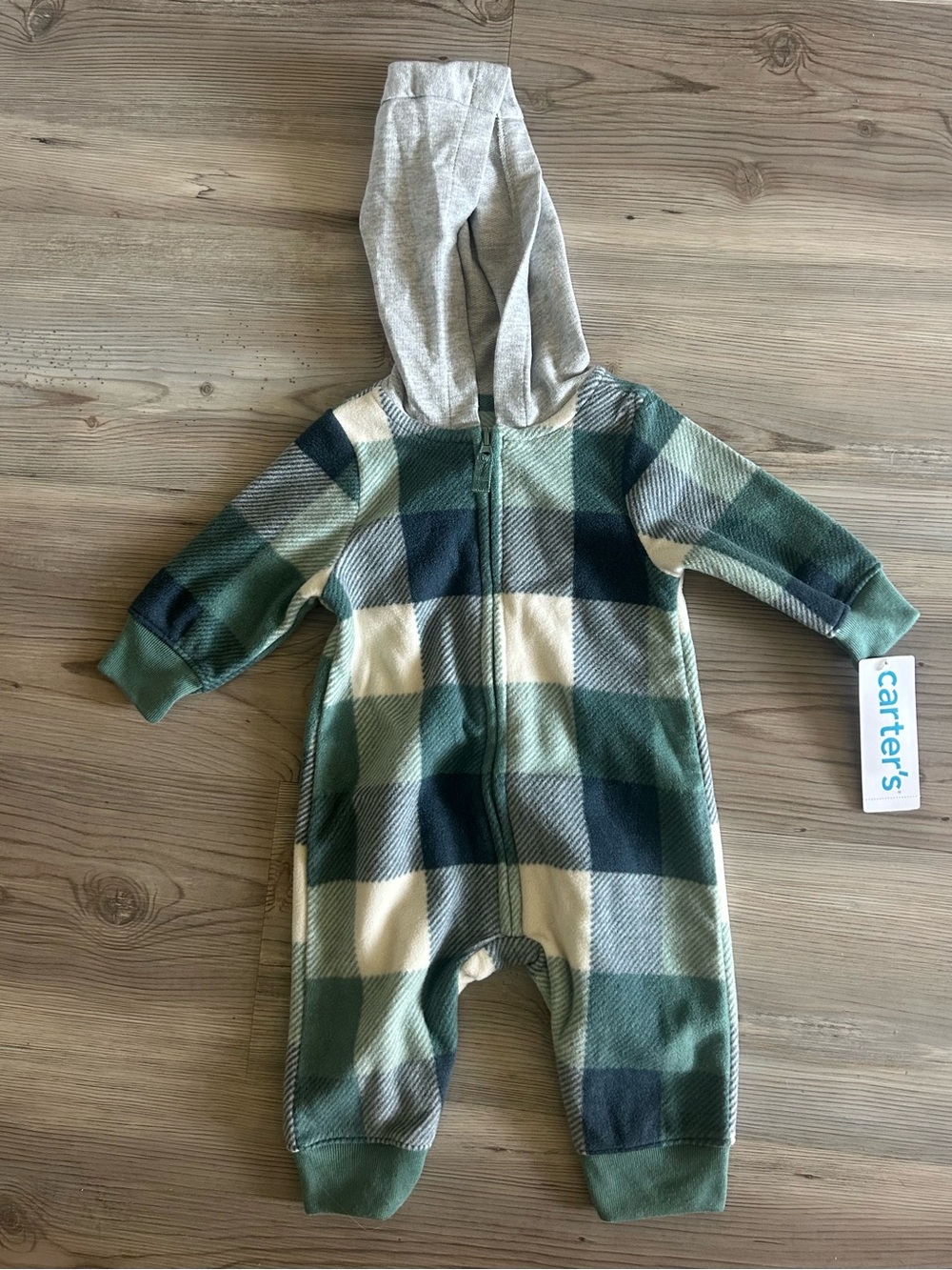 NWT Carter's 3 months Green and Cream Plaid Hooded Fleece One-Piece